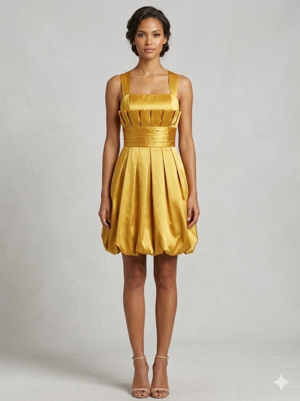 Golden Satin Pleated Bubble-Hem Mini Dress